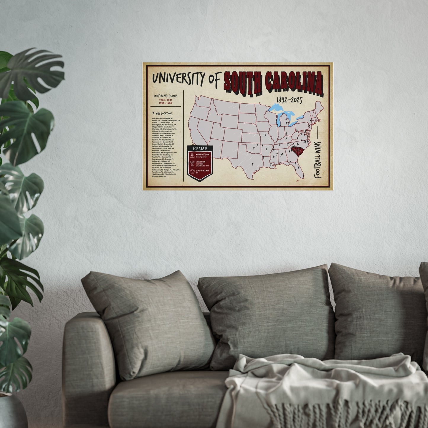 University of South Carolina Football Wins Wall Art Print Poster