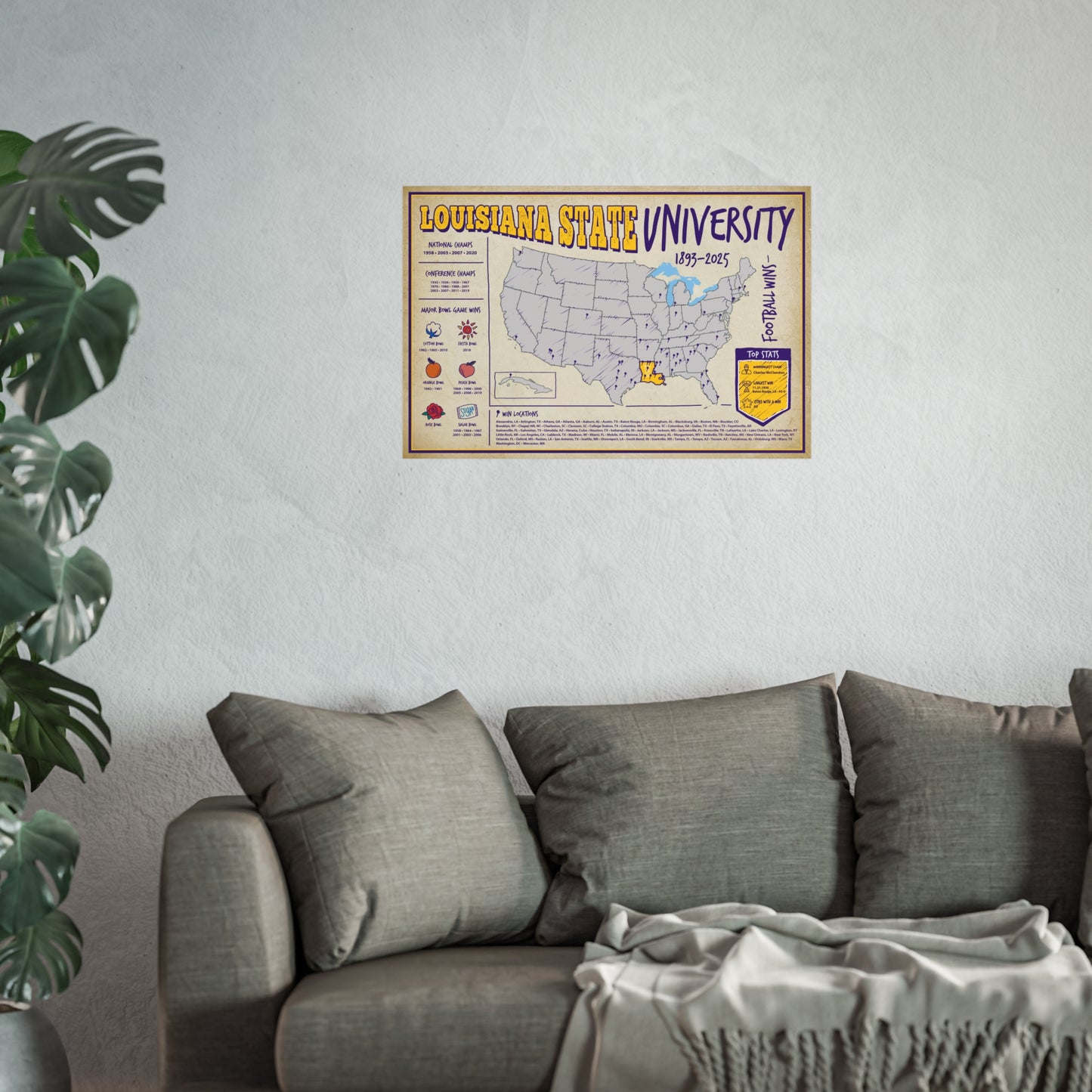 Louisiana State University (LSU) Football Wins Wall Art Print Poster