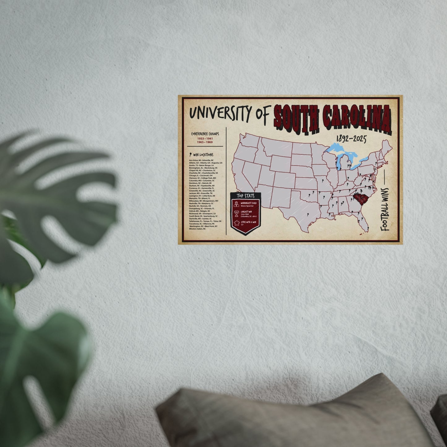 University of South Carolina Football Wins Wall Art Print Poster