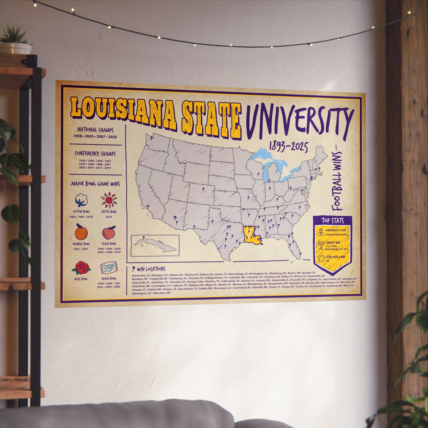 Louisiana State University (LSU) Football Wins Wall Art Print Poster