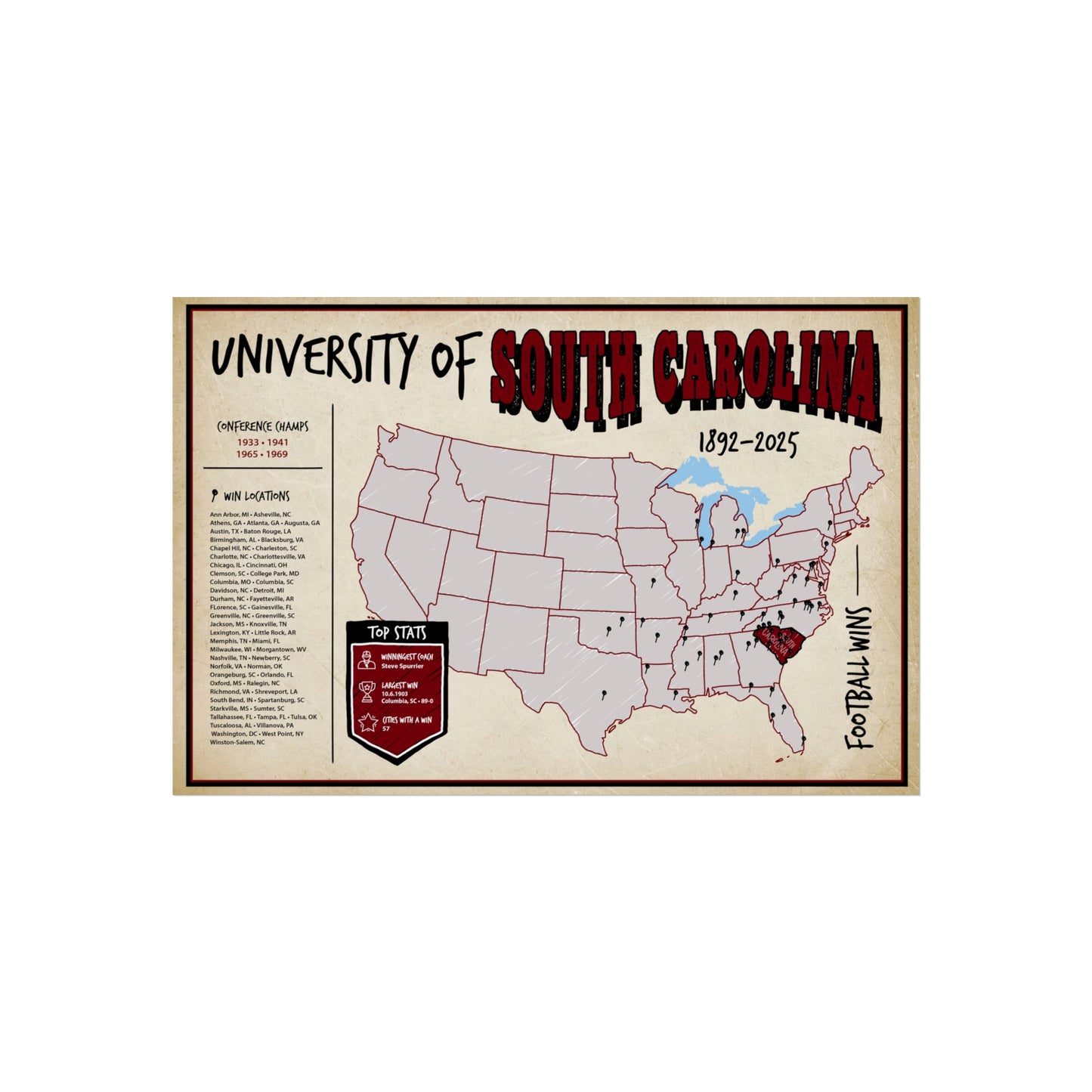 University of South Carolina Football Wins Wall Art Print Poster